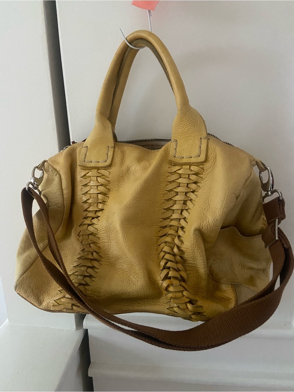 Leather Woven Accent Satchel in Mustard Yellow